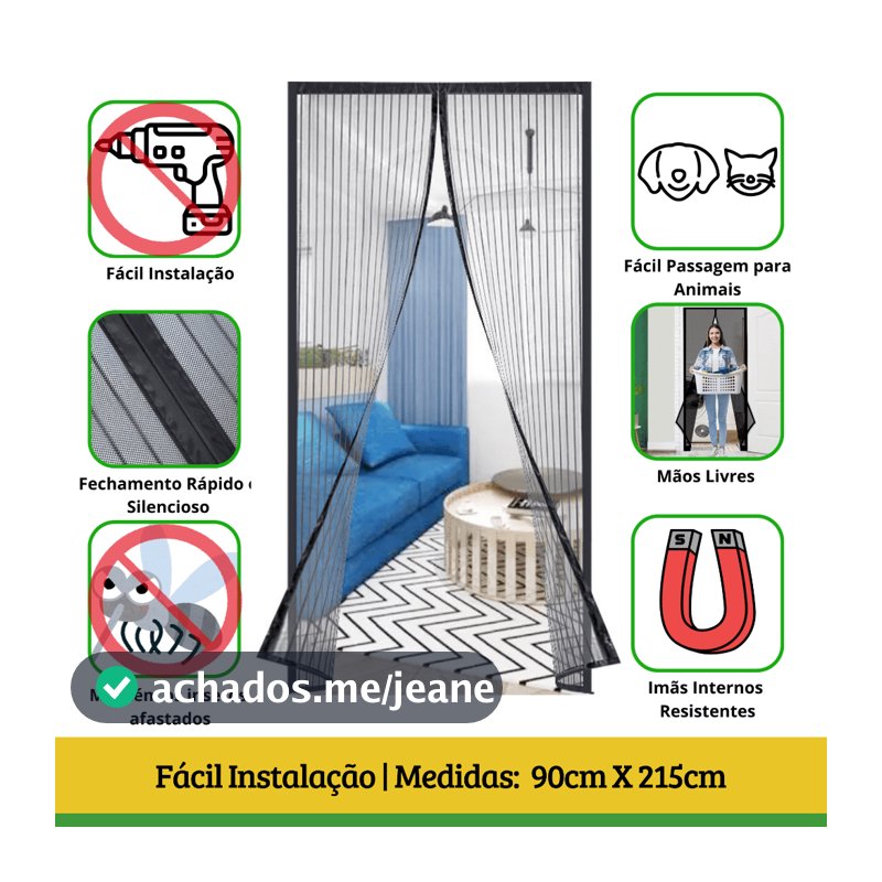 Tela Mosquiteiro Magnética para Porta 90x215cm Preto FortMesh