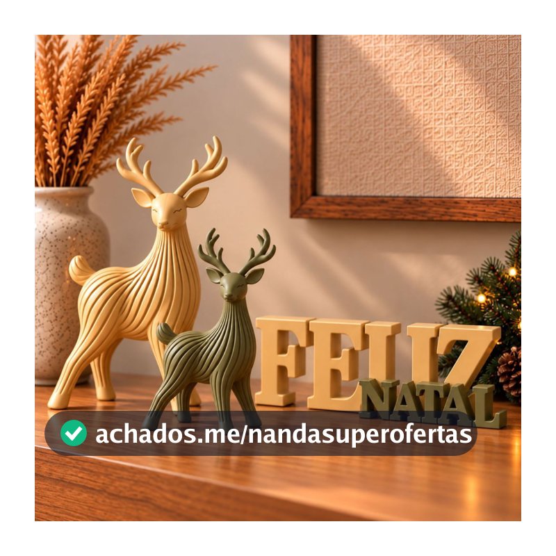 Kit Natalino 2 Renas + Plaquinha Feliz Natal  Decoração de Natal 3D para Mesa