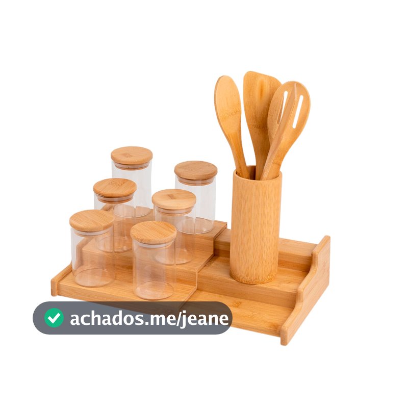 Kit 6 Potes Hermético 250ml com Tampa de Bambu, Rack Organizador de Bambu  E 4 Utensílios de Bambu - Oikos