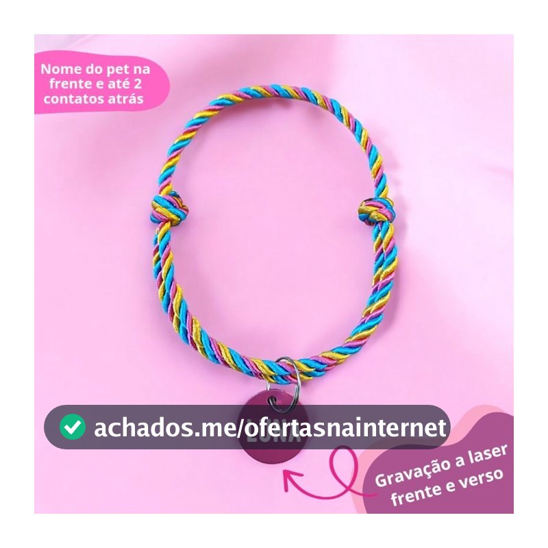 Coleira colar de cordas trançadas ajustável com plaquinha de identificação para cachorro e gato