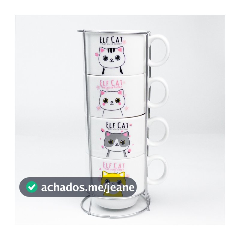Kit 4 Xícaras Cerâmicas + 1 Suporte Torre de Metal 150ml - Pets/Gatinhos