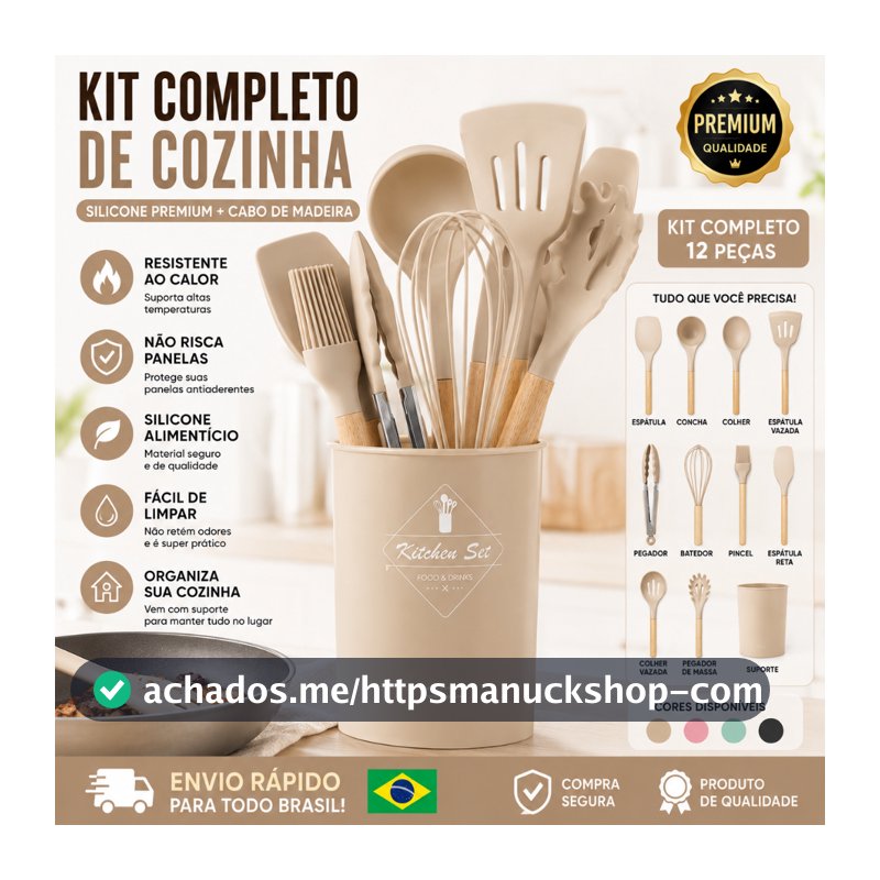 Jogo de Cozinha Kit C/12 Peças de Silicone Utensílios e Copo Suporte para Cozinha Cabo de Madeira zhen