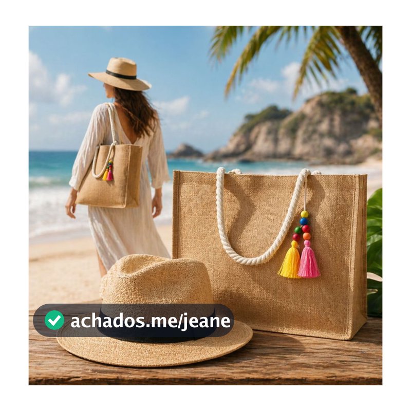 Bolsa de Praia Feminina Grande com Alça de Corda + Chapéu Kit Verão Resistente - Envio Imediato