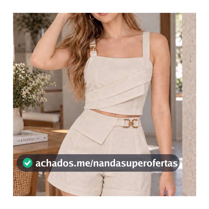 Conjunto Feminino Alfaiataria 2 Peças Cropped de Alça + Shorts Cintura Alta com Cinto Elegante Social Casual Moda Verão