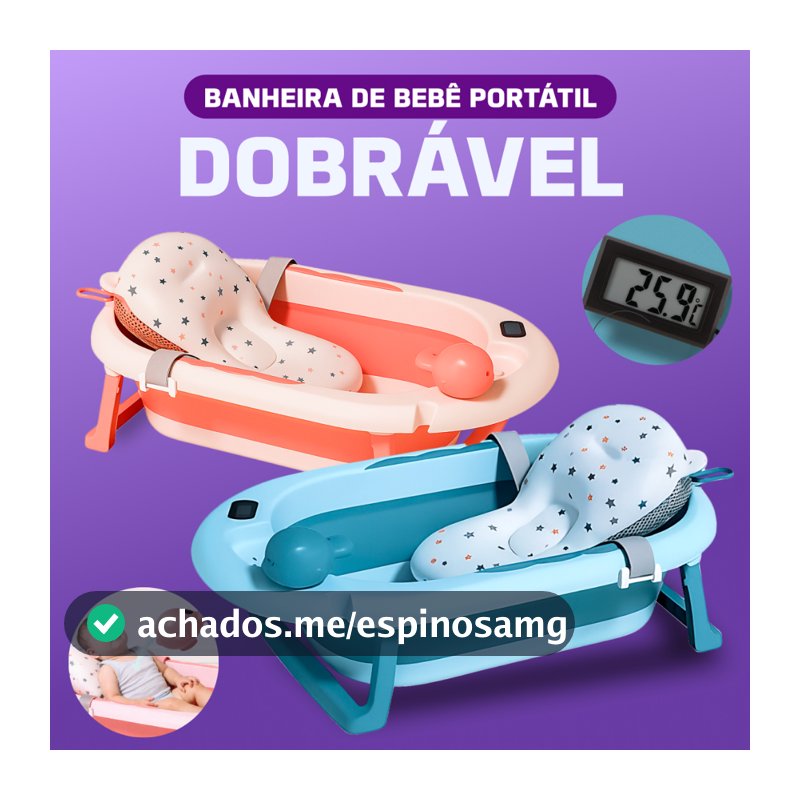 Banheira Azul ou Rosa para bebe com termômetro digital + almofada + chuveirinho de mão Dobrável