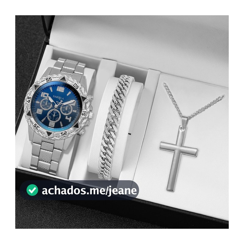 Relógio 3Pcs Masculino Prata Preto de Quartzo + Pulseira Grossa e Colar com Cruz