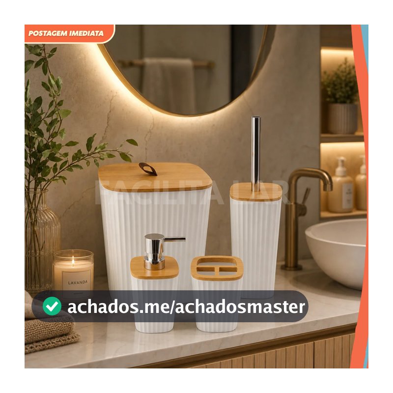 Conjunto de Banheiro Moderno 4 peças com Tampa de Bambu – Organizador Decorativo Elegante Branco ou Preto