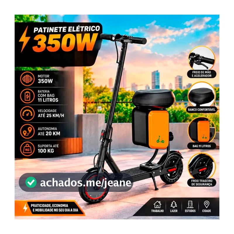 Patinete Elétrico Adulto Profissional 350W Com Banco Bag de 11L Suporta Até 150Kg Alcance de 45Km/h