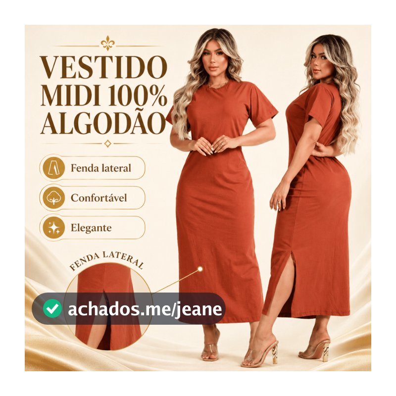 Vestido Feminino Fenda Lateral 100% Algodão Moda Básica Casual Elegante 38 ao 46 Midi Social Oferta