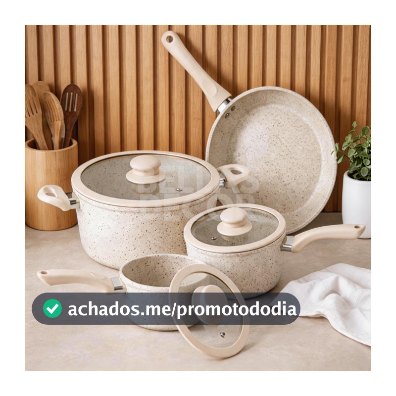Kit Jogo Panelas 4 Peças Revestimento Cerâmica Marmorizado Creme Antiaderente Premium Tampas Vidro Organização Cozinha