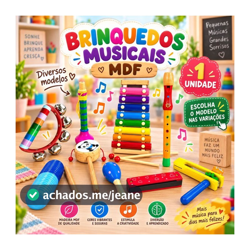 Brinquedo Musical Pedagógico MDF Instrumentos Musicais para Criança Bebê Educativo Banda Colorido