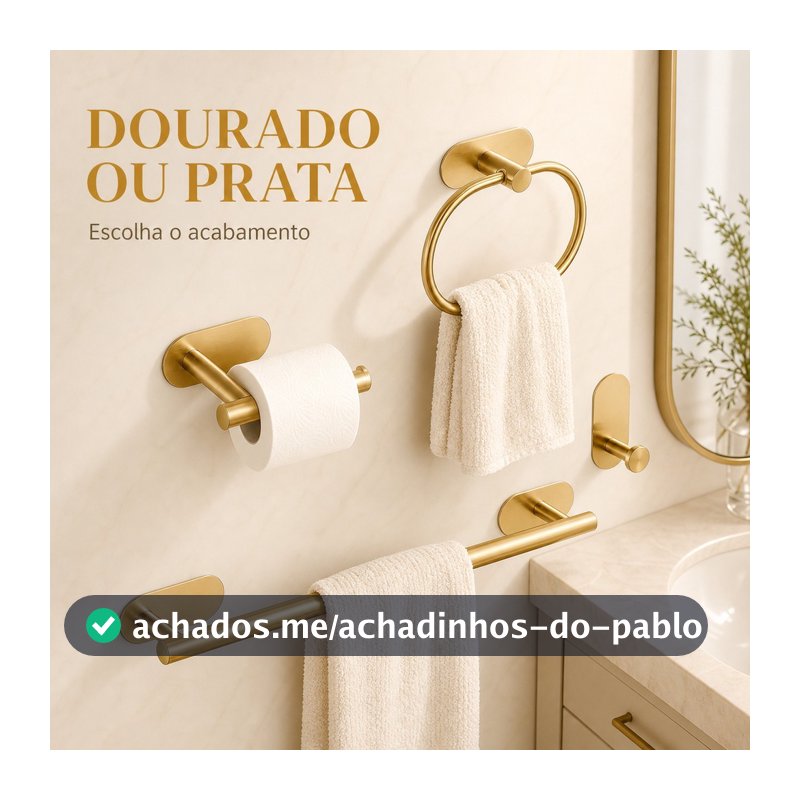 Conjunto de Banheiro com Toalheiro, Porta-Papel e Ganchos, Instalação Adesiva em Dourado ou Prata
