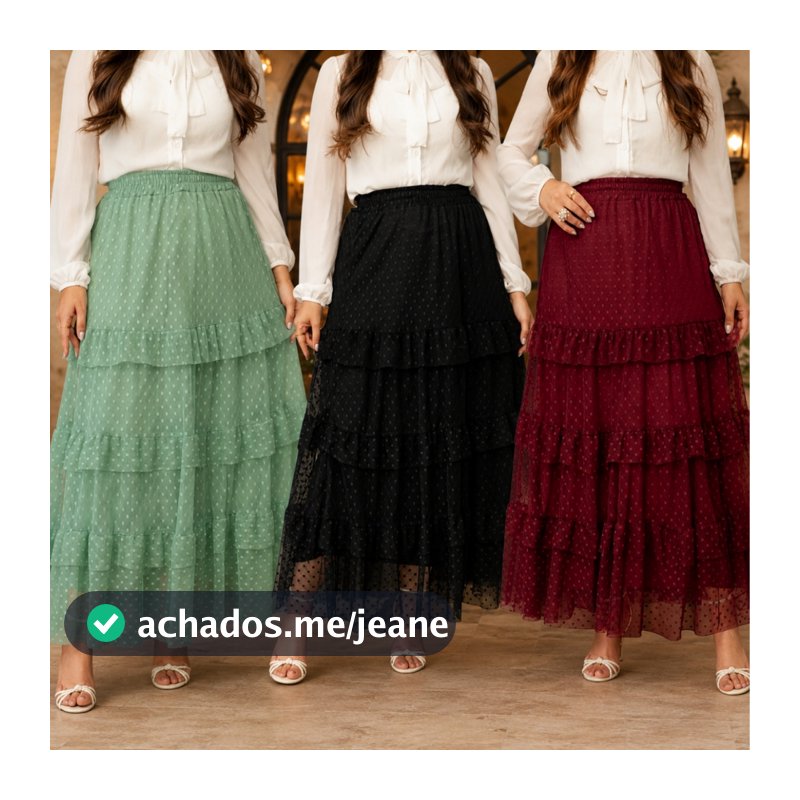 Saia Mídi 3 Marias com Babados Cintura Alta Tule Poá e Forro Elegante Moda Evangélica Feminina Confortável e Versátil