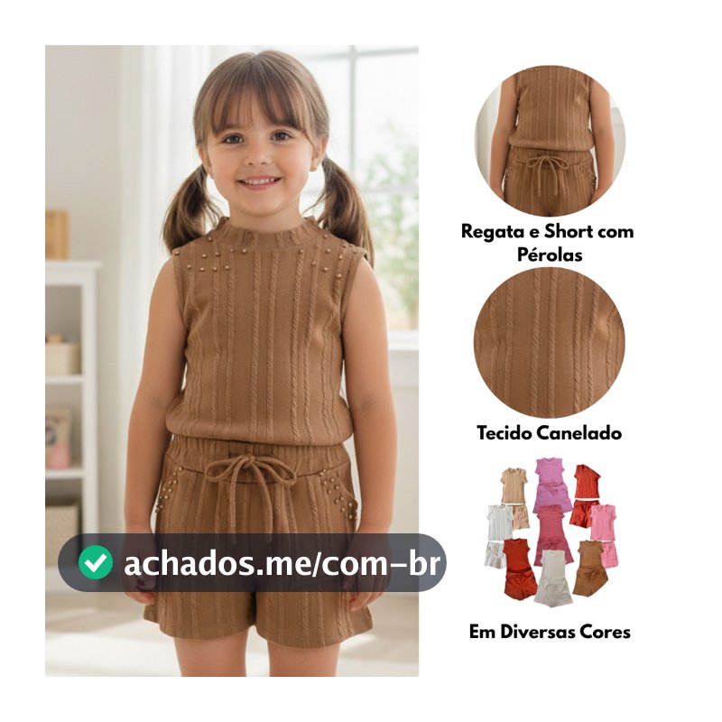 Conjunto Feminino Infantil com Regata e Short com Pérolas  em Tecido Canelado