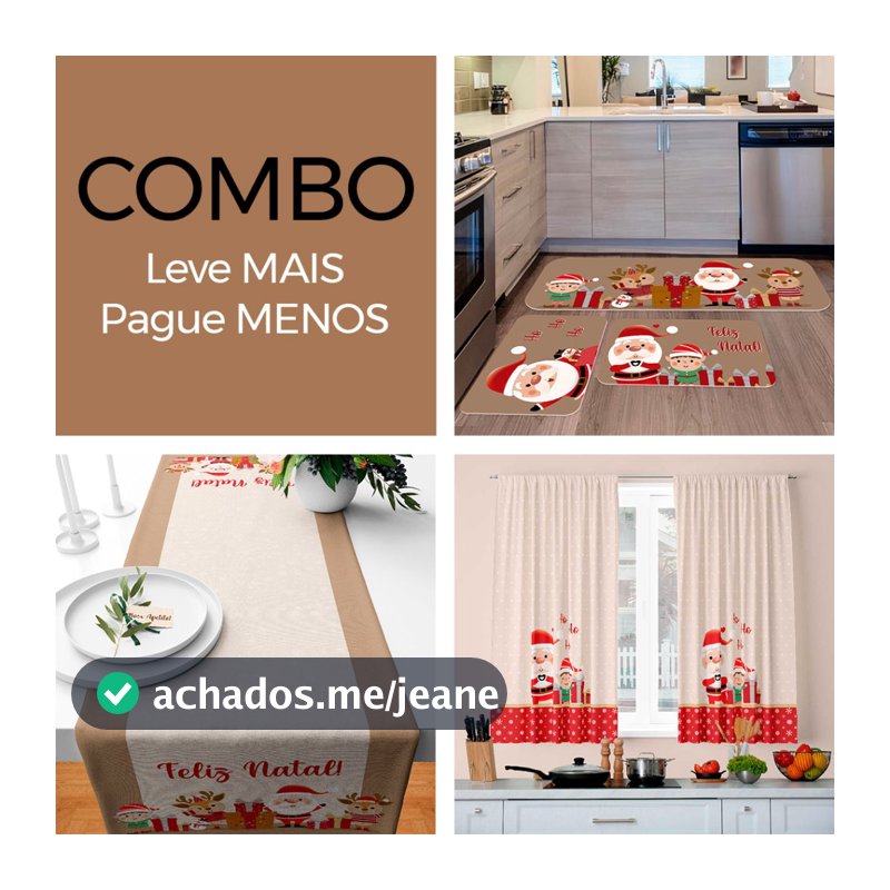 COMBO NATALINO - Cortina Decorativa + Kit 3 Tapetes para Cozinha + Trilho de Mesa - Papai Noel