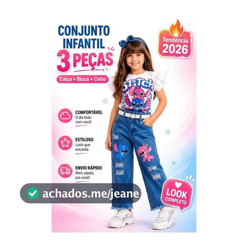 Conjunto Infantil Feminino 3 Peças  PRSONAGENS Calça + Blusa + Cinto  Moda Blogueirinha Tendência 2026