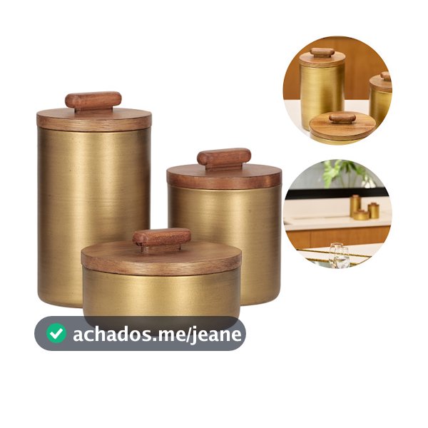 Conjunto 3 Potes Dourados Em Metal Com Tampa De Madeira Design Moderno
