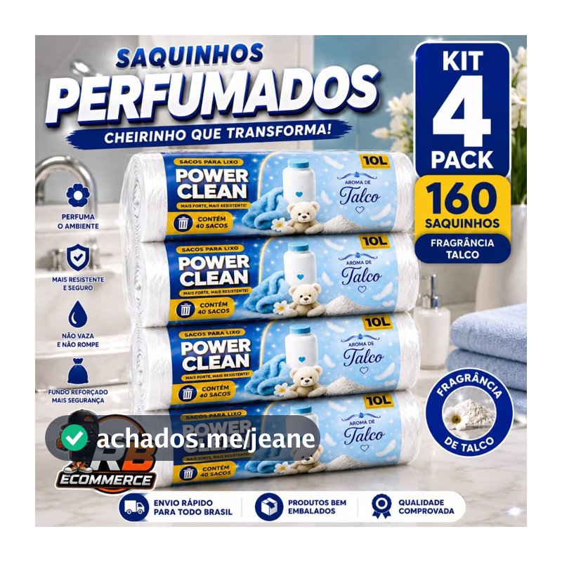 Kit 4 Pack Saco de Lixo Perfumado Talco 10L 160 Sacos Reforçados Pia Banheiro Antiodor