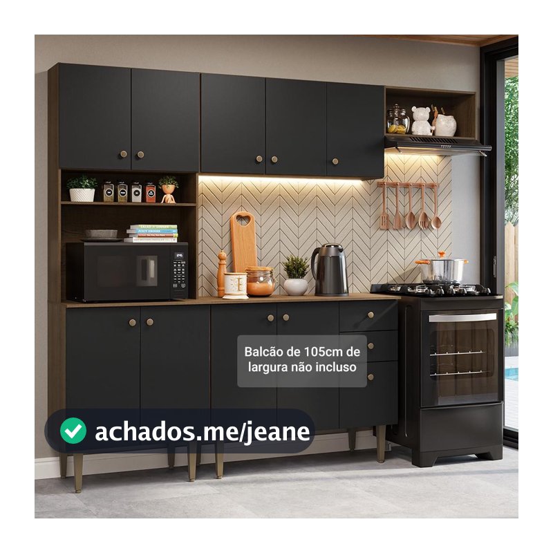 Armário de Cozinha Compacta 235cm Rustic/Preto Gourmet Madesa XC03