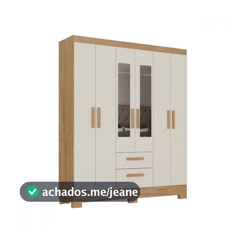 Guarda Roupa Casal Com Espelho 6 Portas Fortaleza Atualle Canelato Rustico Com Off White