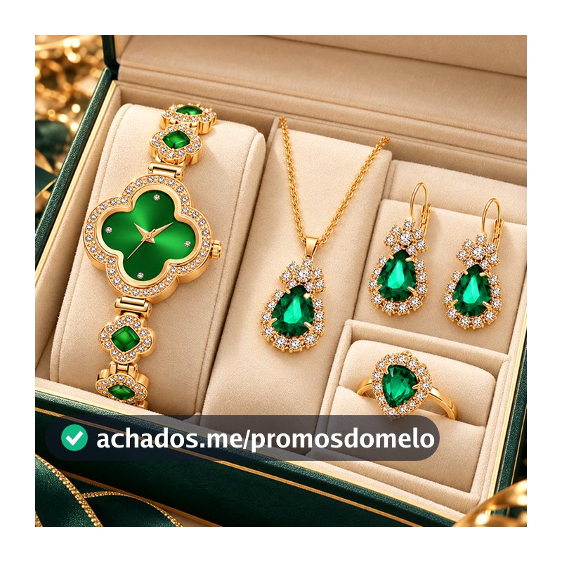 Kit Relógio Feminino Verde Esmeralda Dourado 4 Peças Colar Brincos Anel Gota Elegante
