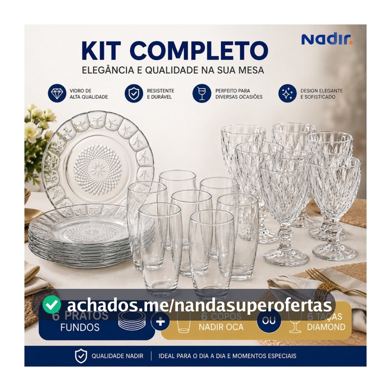 Kit 6 Copos ou Taças + 6 Pratos Fundos Vidro Resistente Jogo Mesa Cozinha