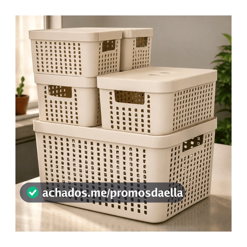 Kit 5 Caixas Organizadoras com Tampa Cesto Grande de Plástico 2 Litros 4,5 Litros 17 Litros