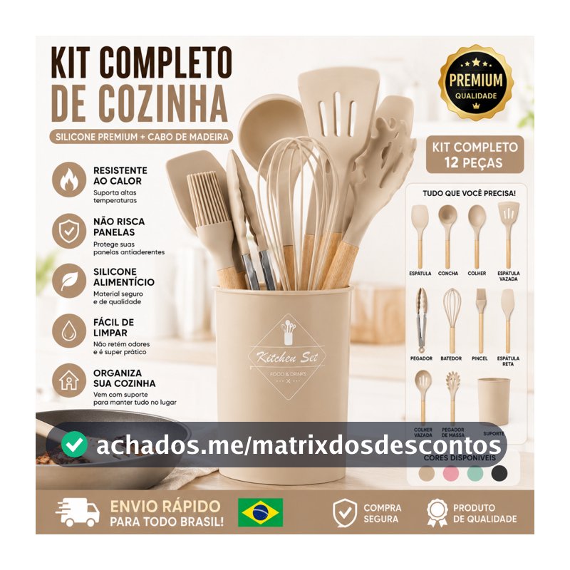 Jogo de Cozinha Kit C/12 Peças de Silicone Utensílios e Copo Suporte para Cozinha Cabo de Madeira zhen