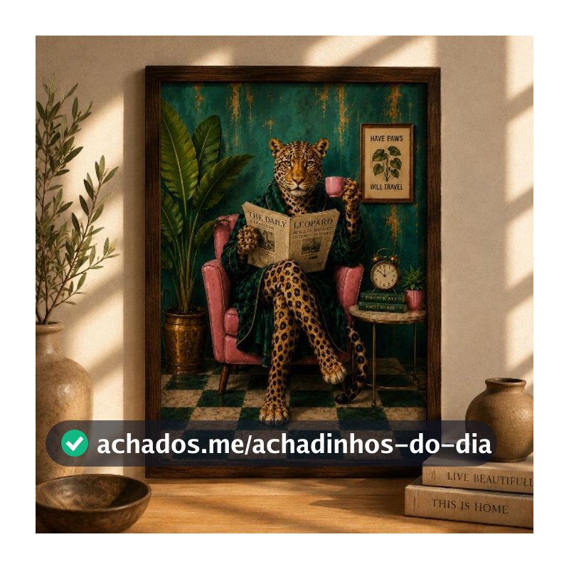 Quadro Hora do Chá Leoparda Elegante Decorativo A3 Sala Quarto Moderno