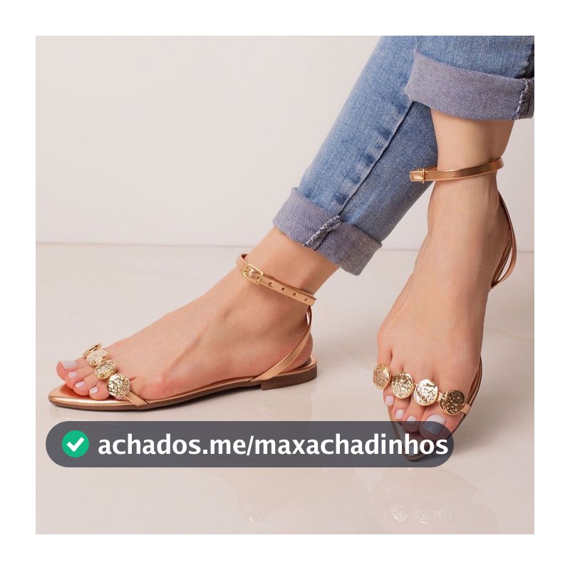 Sandalia Feminina Bico Folha Medalha Metalizada Verao Leve e Confortavel