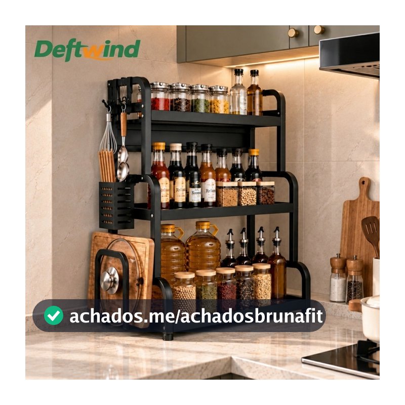 Organizador de Cozinha 3 Andares em Aço Carbono, Porta Temperos Multifuncional para Bancada com Suporte para Utensílios