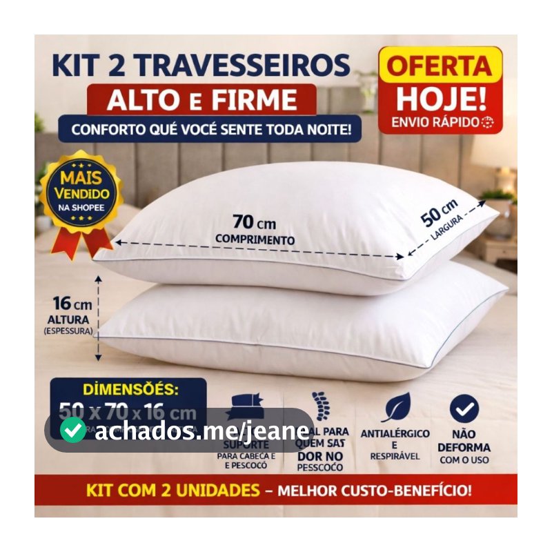 Kit 2 Travesseiros 50x70cm Alto e Firme Antialérgico Lavável Conforto Premium Macio