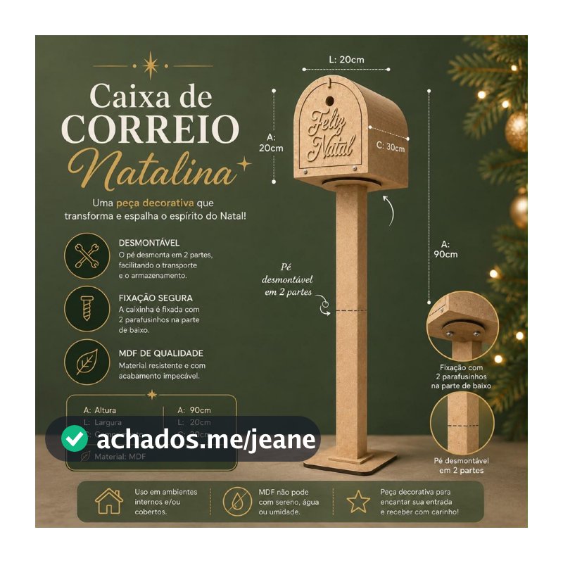 Caixa Postal Correio Natalina MDF Feliz Natal Mdf cru com Pé Decoração de Natal Cartinhas Papai Noel