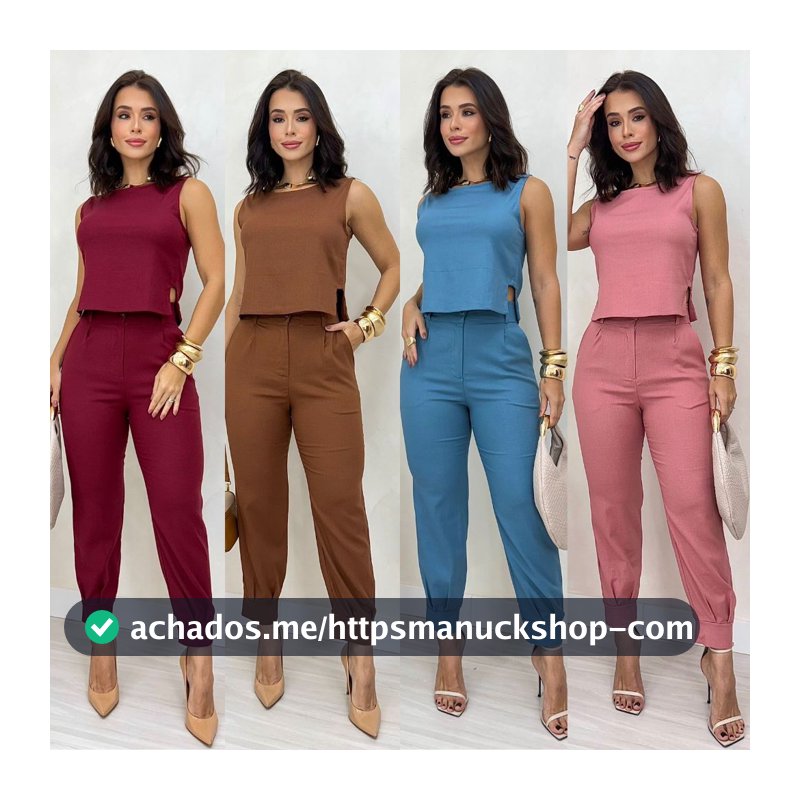 CONJUNTO ALFAITARIA FEMININO ADVOGADA LINHO CALÇA COM PUNHO + REGATA COM DETALHE NA LATERAL