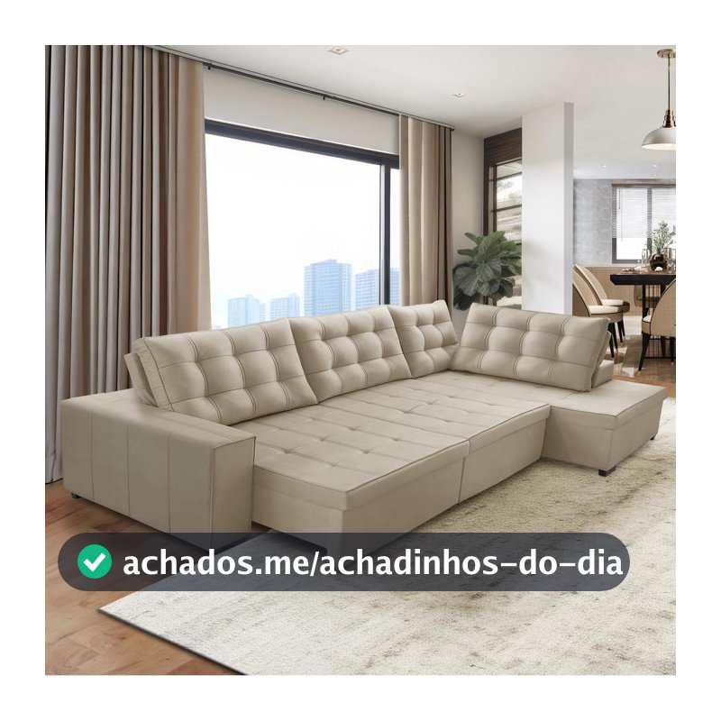 Sofá de Canto Retrátil e Reclinável com Molas 3,00x2,00 Jacke Suede Bege Adonai Estofados