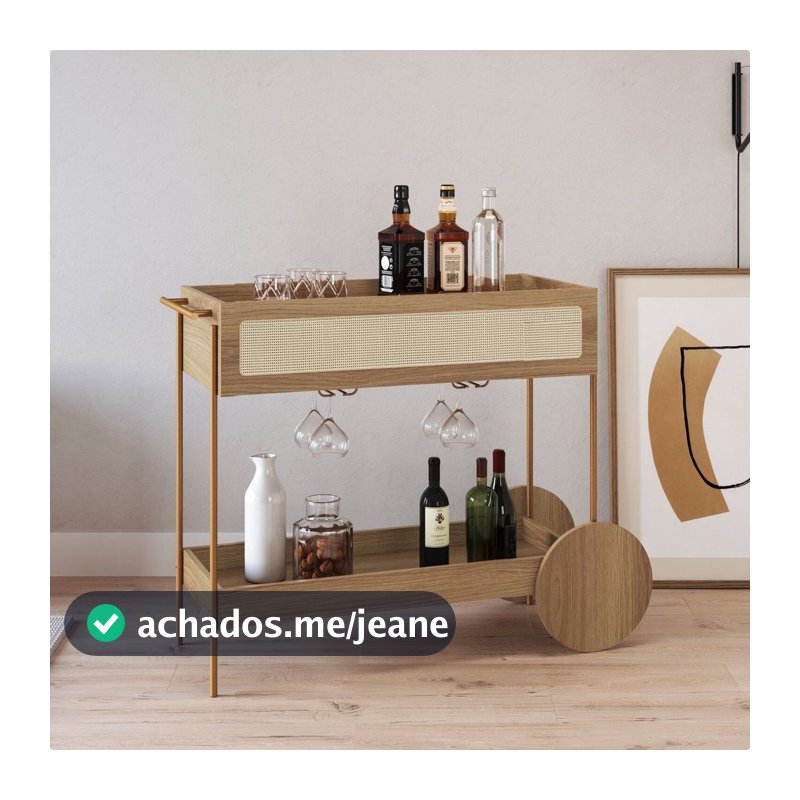 Carrinho Bar 1 Gaveta 110cm com Porta Taças Palhinha Pé Metal Oslo Bege/Hanover/Dourado Hanover/Dourado