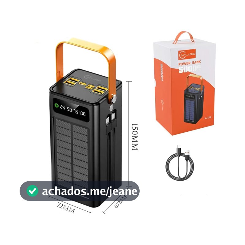 Power Bank Solar 50000mAh Carregador Portátil Grande Capacidade USB com Cabo Universal