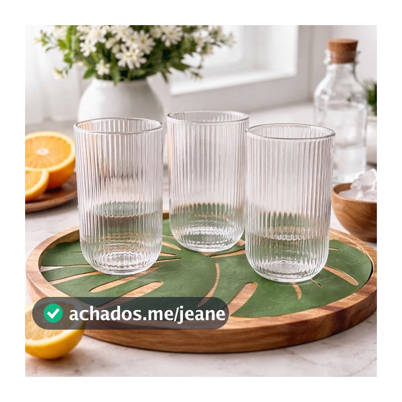 KIT COPO CANELADOS VIDRO 6 UNIDADES 450 ML RESISTENTE E ELEGANTE