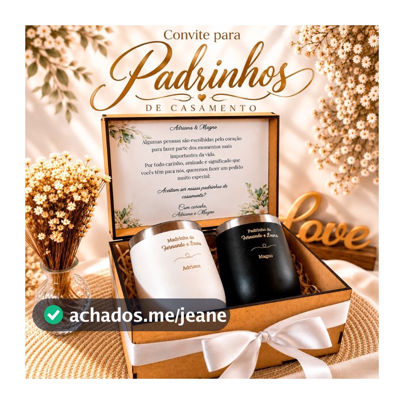 Kit Convite Personalizado Padrinhos de Casamento com Copos Térmicos, Caixa MDF e Nossa Senhora