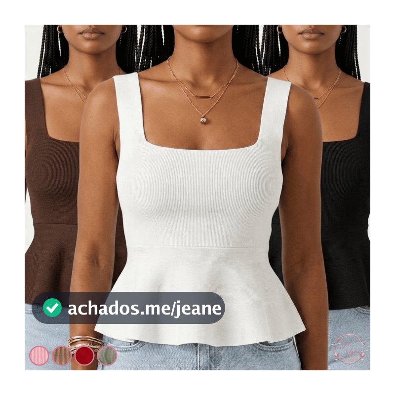 Blusa Regata Peplum Bata Feminina em Ribana Canelada com Babado Simples