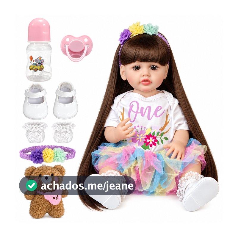 Boneca Bebê Reborn Realista 51cm Cabelo Longo Tutu Colorido com Acessórios Ursinho Presente Infantil