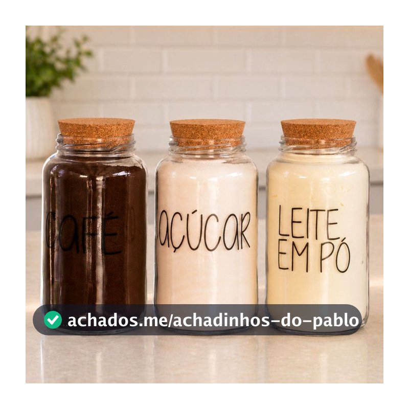 Kit Cantinho do Café + Açúcar + Leite em pó | 3 potes de Vidro 810 ml + tampa rolha cortiça| Pote Mantimento
