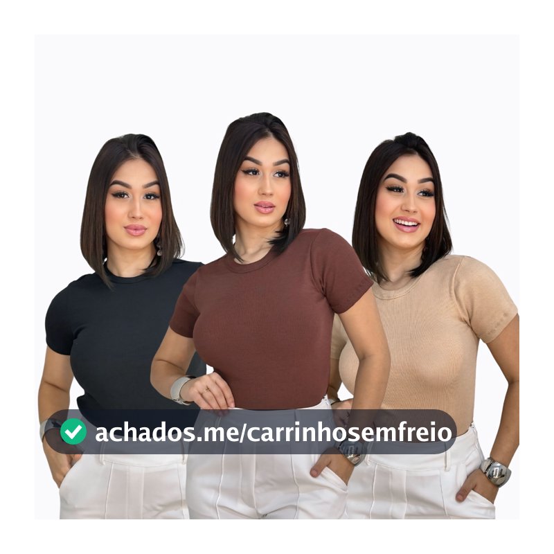 Kit 3 Blusa Manga Curta Ribana Feminina Básica Elegante Verão Tendência