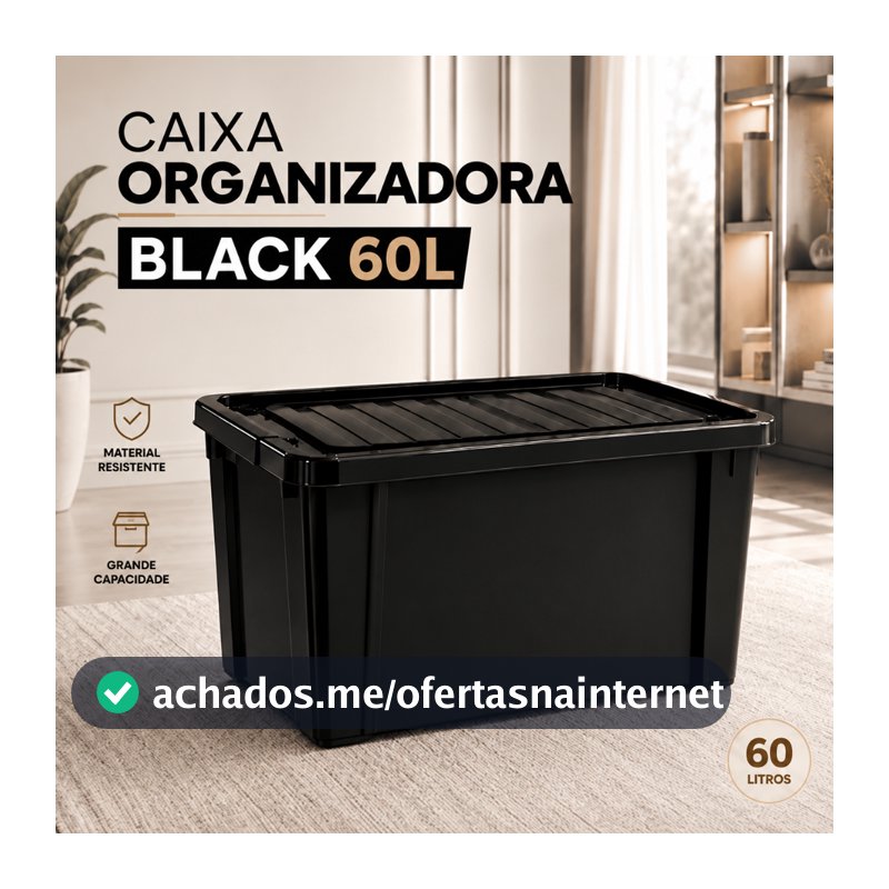 Caixa Organizadora Container Black e Fumê Trava 60 Litros Cesto Organizador Grande