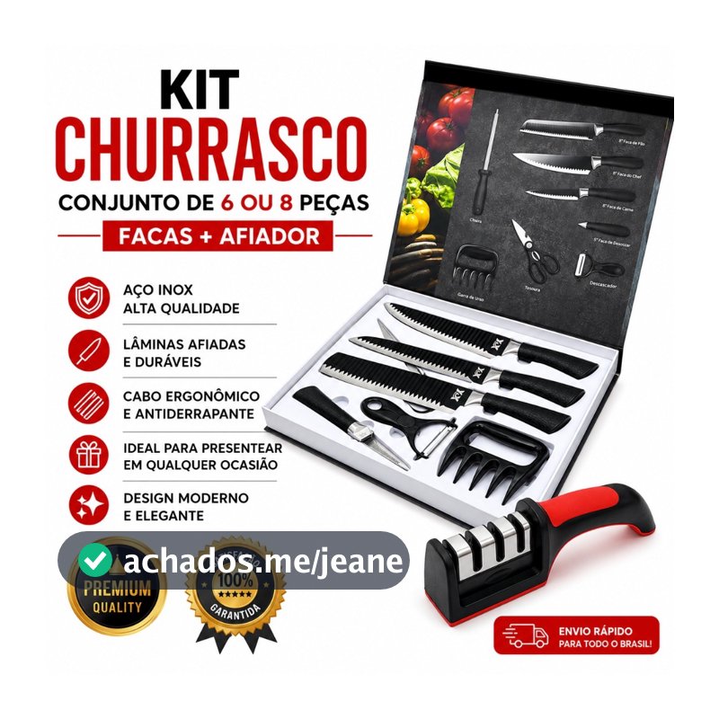 Kit Churrasco Conjunto de 08 Peças Facas Gourmet Corte Navalha Antiaderente Premium Presente Maleta