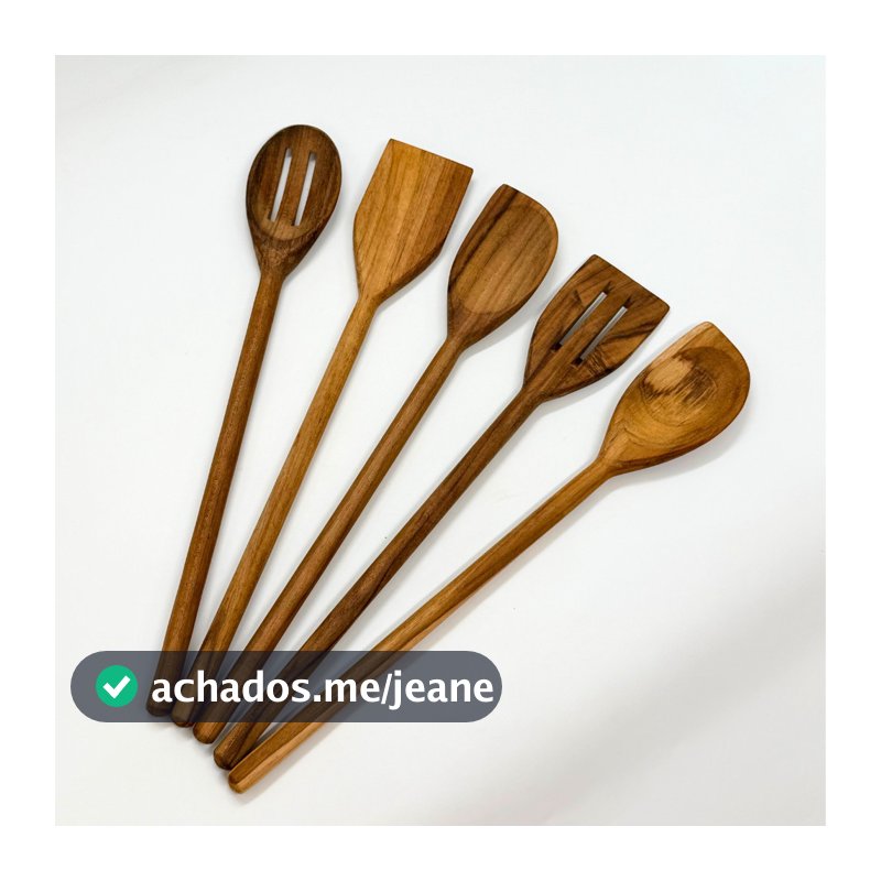 Kit 5 Utensílios Colheres de Madeira Teca 36cm Michelon