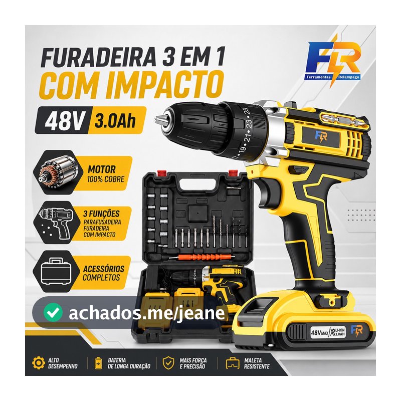 Parafusadeira Furadeira de Impacto 48V Sem Fio 2 Baterias 3 Funções com Maleta e Acessórios Kit Completo