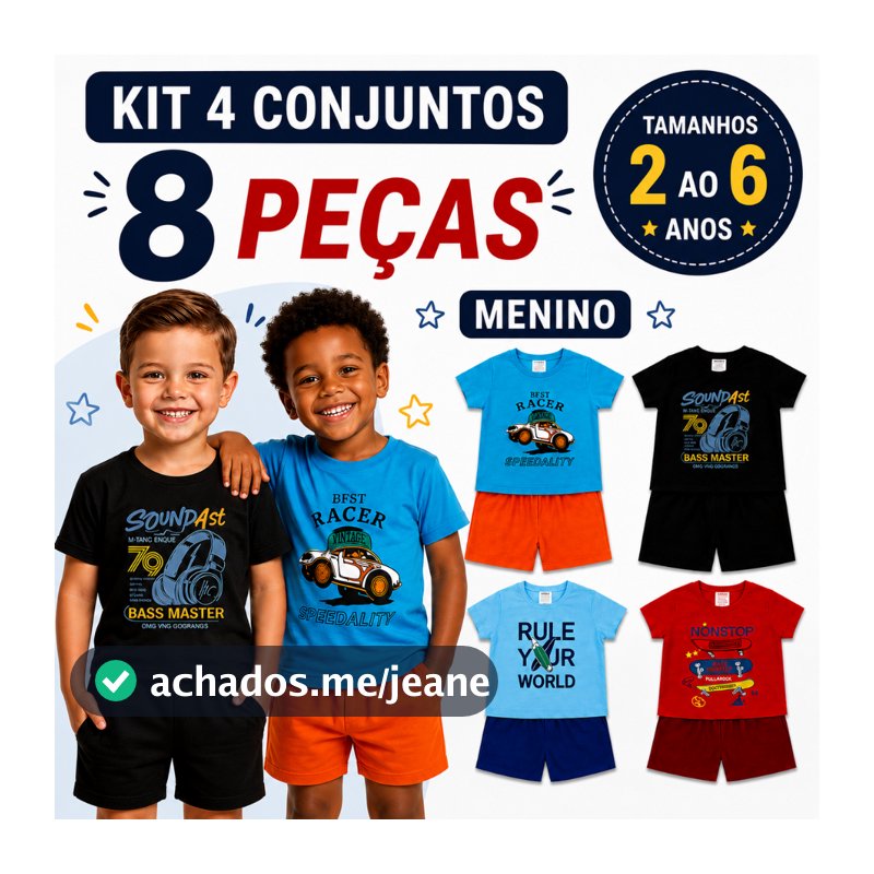 Kit 8 Peças Roupa Infantil Menino 4 Conjuntos Verão Algodão Moletinho Tam 2 4 6 Estampas Sortidas