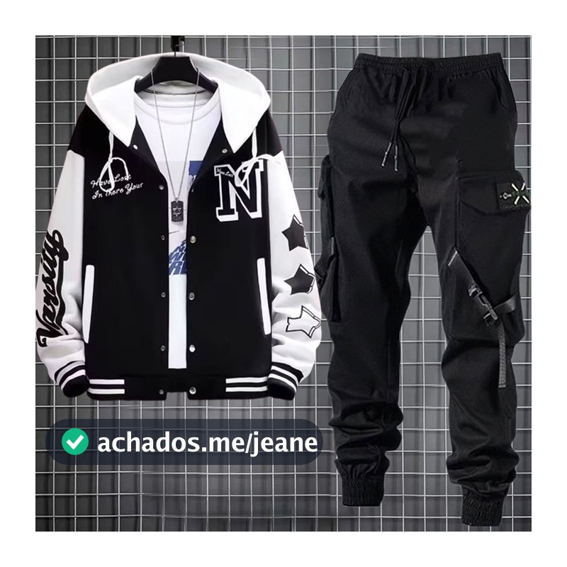 Moda Masculina Roupas Jaqueta Com Capuz Camisolas Tendência Hoodies + Estilo Hip Hop Calças De Carga Masculinas Preto Jo