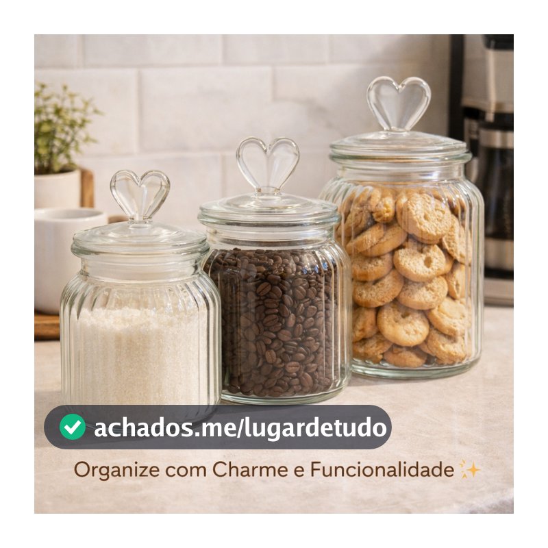 Pote de Vidro Hermético Com Tampa De Coração – Organize Com Amor